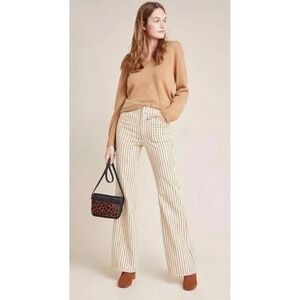 Anthropologie Pilcro Kellie Striped Flare Mid-Rise Boho Jeans Mustard Cream 27